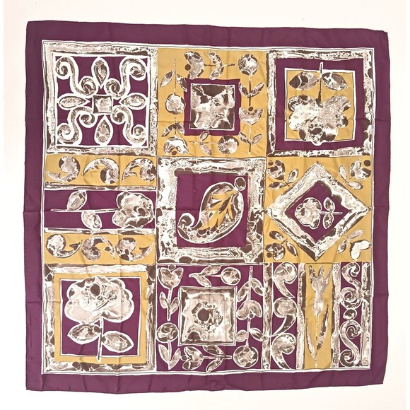 VTG 100% Silk Scarf Made Italy Plum/Gold/Gray Floral Block Print Rolled Edge 34" - Picture 1 of 8